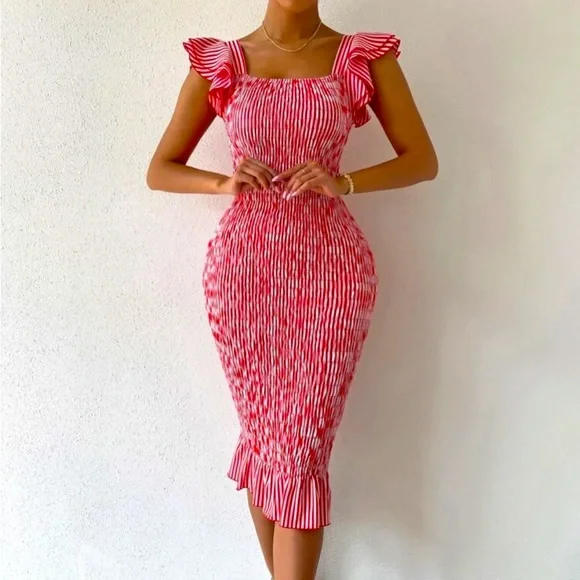 open lace back dress Striped Off-Shoulder Fitted Dress main image 0